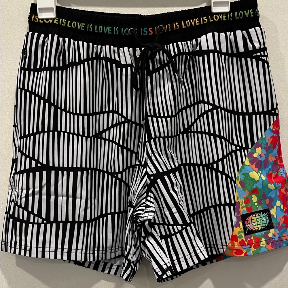 New Slunks: My Friends Black and White Striped Shorts with Colorful Patch
